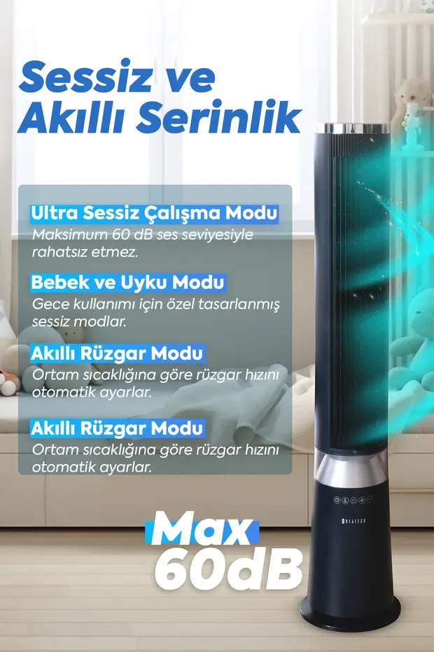 VN60 40W Kule Tipi Vantilatör Uzaktan Kumandalı 5 Hız Kademeli Sessiz Bebek Uyku Modlu Sağa Sola Salınımlı VN60 40W Kule Tipi Vantilatör Uzaktan Kumandalı 5 Hız Kademeli Sessiz Bebek Uyku Modlu Sağa Sola Salınımlı